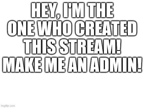 Blank White Template |  HEY, I'M THE ONE WHO CREATED THIS STREAM! MAKE ME AN ADMIN! | image tagged in blank white template | made w/ Imgflip meme maker