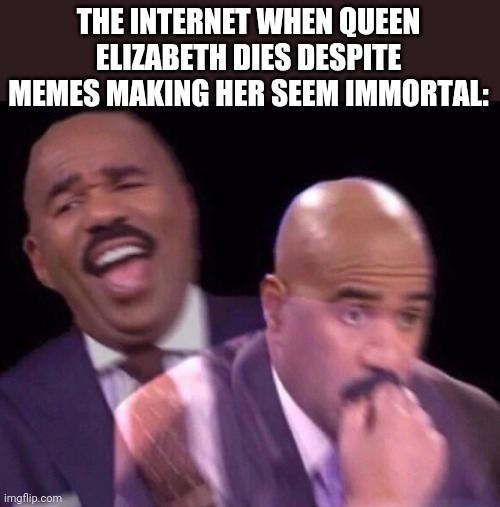 Steve Harvey Laughing Serious | THE INTERNET WHEN QUEEN ELIZABETH DIES DESPITE MEMES MAKING HER SEEM IMMORTAL: | image tagged in steve harvey laughing serious | made w/ Imgflip meme maker