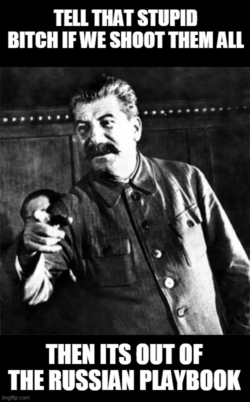 Stalin | TELL THAT STUPID BITCH IF WE SHOOT THEM ALL THEN ITS OUT OF THE RUSSIAN PLAYBOOK | image tagged in stalin | made w/ Imgflip meme maker
