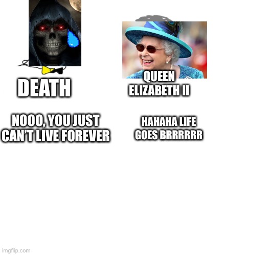 Hahaha life goes brrrr | QUEEN ELIZABETH II; DEATH; HAHAHA LIFE GOES BRRRRRR; NOOO, YOU JUST CAN’T LIVE FOREVER | image tagged in nooo haha go brrr | made w/ Imgflip meme maker