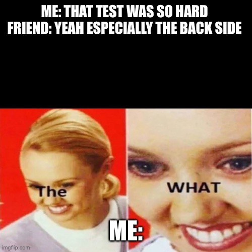 The What | ME: THAT TEST WAS SO HARD 
FRIEND: YEAH ESPECIALLY THE BACK SIDE; ME: | image tagged in the what | made w/ Imgflip meme maker