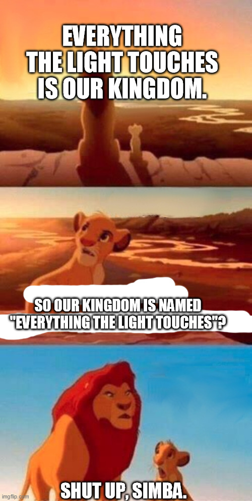 when Simba learns from Mufasa's dad jokes | EVERYTHING THE LIGHT TOUCHES IS OUR KINGDOM. SO OUR KINGDOM IS NAMED "EVERYTHING THE LIGHT TOUCHES"? SHUT UP, SIMBA. | image tagged in memes,simba shadowy place | made w/ Imgflip meme maker