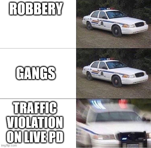 Police Car  | ROBBERY; GANGS; TRAFFIC VIOLATION ON LIVE PD | image tagged in police car | made w/ Imgflip meme maker
