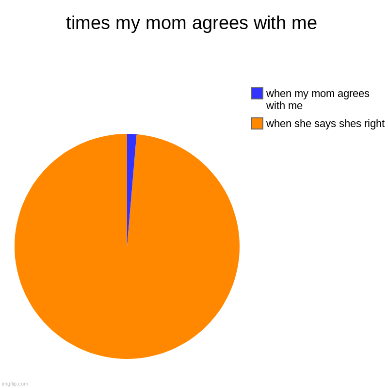 times my mom agrees with me | when she says shes right, when my mom agrees with me | image tagged in charts,pie charts | made w/ Imgflip chart maker