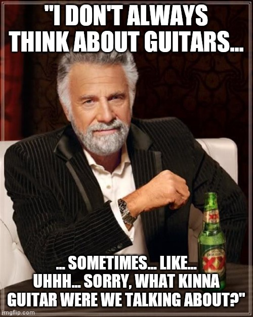 The Most Interesting Man In The World Meme | "I DON'T ALWAYS THINK ABOUT GUITARS... ... SOMETIMES... LIKE... UHHH... SORRY, WHAT KINNA GUITAR WERE WE TALKING ABOUT?" | image tagged in the most interesting man in the world,guitar,metalhead | made w/ Imgflip meme maker