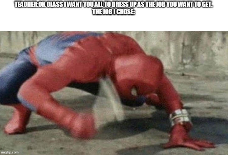 Spider man hammer | TEACHER:OK CLASS I WANT YOU ALL TO DRESS UP AS THE JOB YOU WANT TO GET.
THE JOB I CHOSE: | image tagged in spider man hammer | made w/ Imgflip meme maker