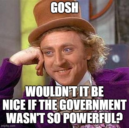 Creepy Condescending Wonka Meme | GOSH WOULDN'T IT BE NICE IF THE GOVERNMENT WASN'T SO POWERFUL? | image tagged in memes,creepy condescending wonka | made w/ Imgflip meme maker