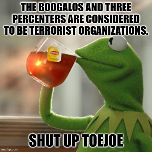 But That's None Of My Business | THE BOOGALOS AND THREE PERCENTERS ARE CONSIDERED TO BE TERRORIST ORGANIZATIONS. SHUT UP TOEJOE | image tagged in memes,but that's none of my business,kermit the frog | made w/ Imgflip meme maker