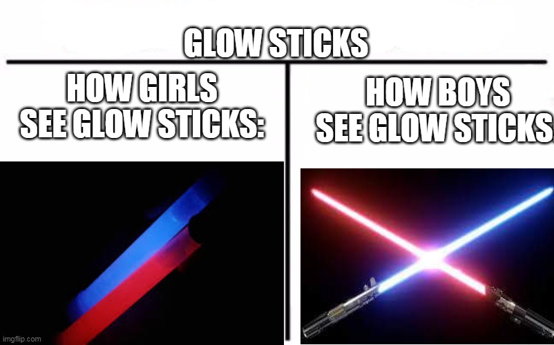 GLOW STICKS; HOW GIRLS SEE GLOW STICKS:; HOW BOYS SEE GLOW STICKS: | image tagged in memes | made w/ Imgflip meme maker
