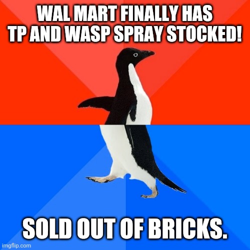 What's the next hot commodity going to be? | WAL MART FINALLY HAS TP AND WASP SPRAY STOCKED! SOLD OUT OF BRICKS. | image tagged in socially awesome awkward penguin,walmart,toilet paper,covidiots,riots,bricks | made w/ Imgflip meme maker