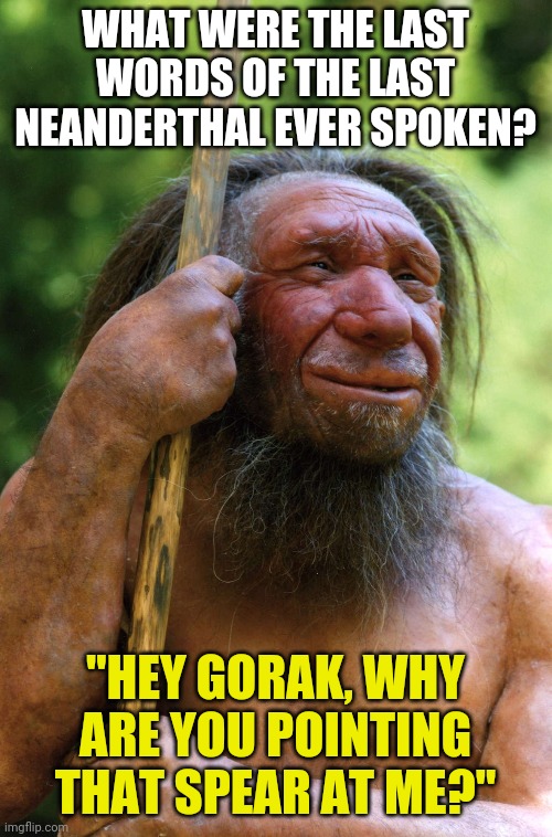 Famous last words.... | WHAT WERE THE LAST WORDS OF THE LAST NEANDERTHAL EVER SPOKEN? "HEY GORAK, WHY ARE YOU POINTING THAT SPEAR AT ME?" | image tagged in neanderthal | made w/ Imgflip meme maker