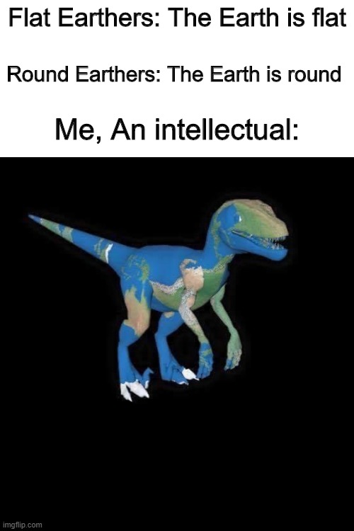 Flat Earthers: The Earth is flat; Round Earthers: The Earth is round; Me, An intellectual: | image tagged in blank white template | made w/ Imgflip meme maker