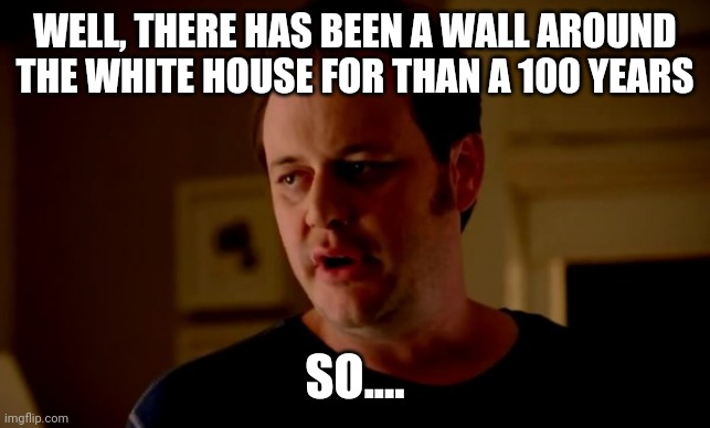 Jake from state farm | WELL, THERE HAS BEEN A WALL AROUND THE WHITE HOUSE FOR THAN A 100 YEARS SO.... | image tagged in jake from state farm | made w/ Imgflip meme maker