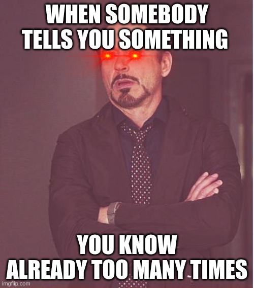 Face You Make Robert Downey Jr Meme | WHEN SOMEBODY TELLS YOU SOMETHING; YOU KNOW ALREADY TOO MANY TIMES | image tagged in memes,face you make robert downey jr | made w/ Imgflip meme maker