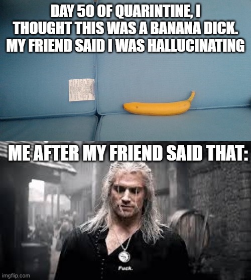 Wtf is happening to me | DAY 50 OF QUARINTINE, I THOUGHT THIS WAS A BANANA DICK.
MY FRIEND SAID I WAS HALLUCINATING; ME AFTER MY FRIEND SAID THAT: | image tagged in fuck | made w/ Imgflip meme maker