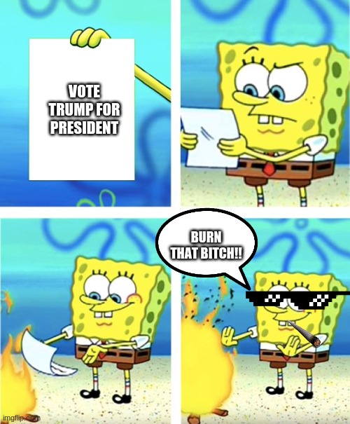 Spongebob Burning Paper | VOTE TRUMP FOR PRESIDENT; BURN THAT BITCH!! | image tagged in spongebob burning paper | made w/ Imgflip meme maker