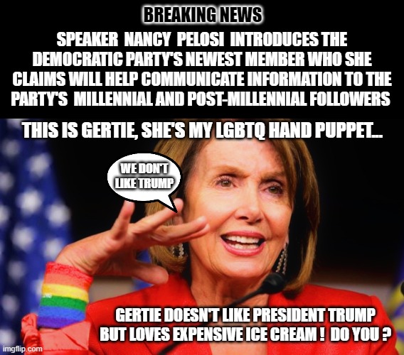 Speaker Nancy Pelosi introduces Gertie to the general public | BREAKING NEWS; SPEAKER  NANCY  PELOSI  INTRODUCES THE DEMOCRATIC PARTY'S NEWEST MEMBER WHO SHE CLAIMS WILL HELP COMMUNICATE INFORMATION TO THE PARTY'S  MILLENNIAL AND POST-MILLENNIAL FOLLOWERS; THIS IS GERTIE, SHE'S MY LGBTQ HAND PUPPET... WE DON'T LIKE TRUMP; GERTIE DOESN'T LIKE PRESIDENT TRUMP BUT LOVES EXPENSIVE ICE CREAM !  DO YOU ? | image tagged in nancy pelosi,lgbtq,election 2020,liberals vs conservatives,donald trump approves,wtf | made w/ Imgflip meme maker