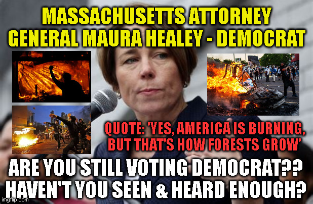 MASSACHUSETTS ATTORNEY GENERAL MAURA HEALEY - DEMOCRAT; QUOTE: 'YES, AMERICA IS BURNING,
BUT THAT’S HOW FORESTS GROW'; ARE YOU STILL VOTING DEMOCRAT??
HAVEN'T YOU SEEN & HEARD ENOUGH? | made w/ Imgflip meme maker