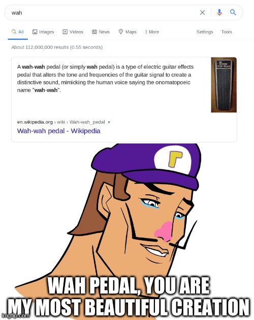 wah pedal | WAH PEDAL, YOU ARE MY MOST BEAUTIFUL CREATION | image tagged in memes,waluigi,wah pedal | made w/ Imgflip meme maker