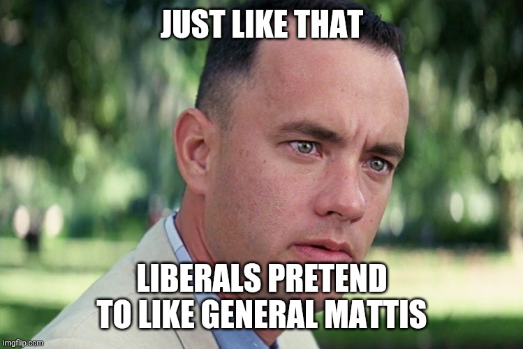And Just Like That Meme | JUST LIKE THAT LIBERALS PRETEND TO LIKE GENERAL MATTIS | image tagged in memes,and just like that | made w/ Imgflip meme maker