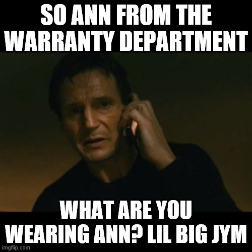 Robo Warranty saleslady | SO ANN FROM THE WARRANTY DEPARTMENT; WHAT ARE YOU WEARING ANN? LIL BIG JYM | image tagged in memes,liam neeson taken | made w/ Imgflip meme maker