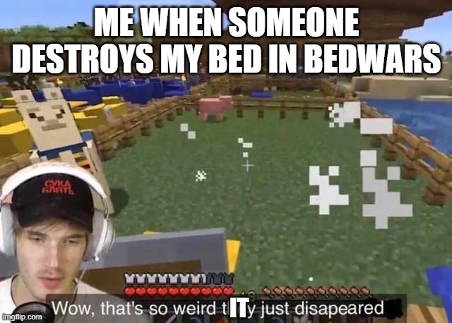 It just disappeared | ME WHEN SOMEONE DESTROYS MY BED IN BEDWARS; IT | image tagged in they just disappeared,minecraft,bedwars,minecraft bedwars | made w/ Imgflip meme maker