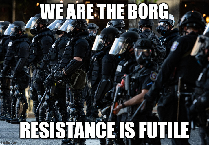 we are the borg | WE ARE THE BORG; RESISTANCE IS FUTILE | image tagged in police state | made w/ Imgflip meme maker