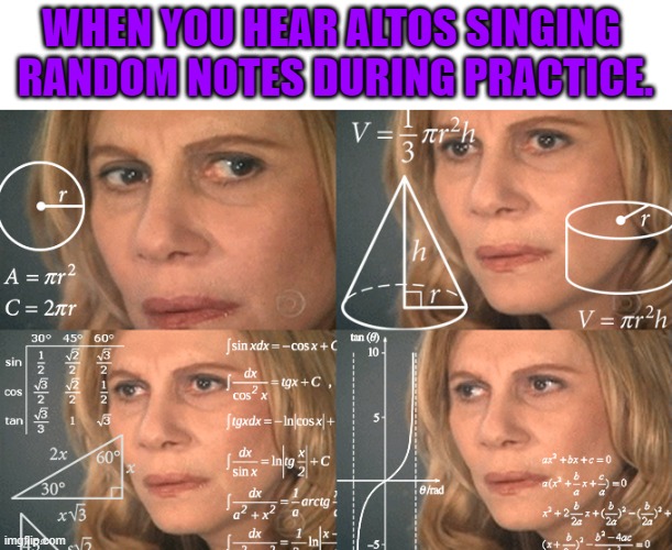 Had to make a music meme for choir class.. | WHEN YOU HEAR ALTOS SINGING 
RANDOM NOTES DURING PRACTICE. | image tagged in choir,school | made w/ Imgflip meme maker