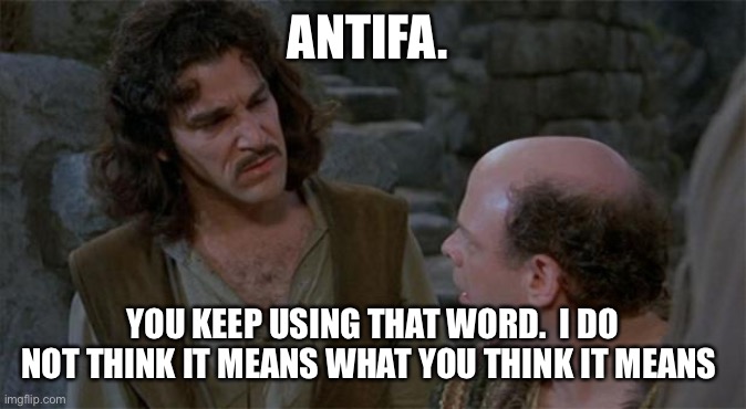 Princess Bride | ANTIFA. YOU KEEP USING THAT WORD.  I DO NOT THINK IT MEANS WHAT YOU THINK IT MEANS | image tagged in princess bride | made w/ Imgflip meme maker