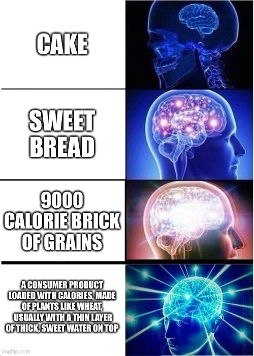 Expanding “brane” cake | CAKE; SWEET BREAD; 9000 CALORIE BRICK OF GRAINS; A CONSUMER PRODUCT LOADED WITH CALORIES, MADE OF PLANTS LIKE WHEAT,  USUALLY WITH A THIN LAYER OF THICK, SWEET WATER ON TOP | image tagged in memes,expanding brain | made w/ Imgflip meme maker