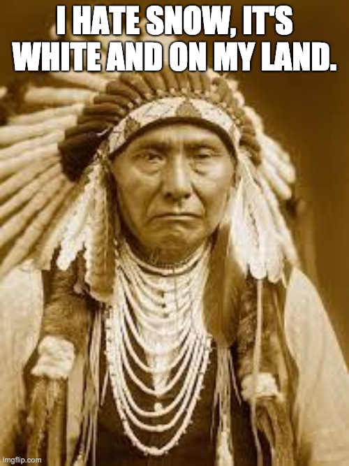 Native American | I HATE SNOW, IT'S WHITE AND ON MY LAND. | image tagged in native american | made w/ Imgflip meme maker