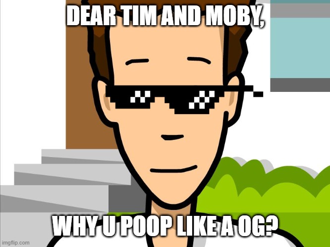 DEAR TIM AND MOBY, WHY U POOP LIKE A OG? | image tagged in roasted | made w/ Imgflip meme maker