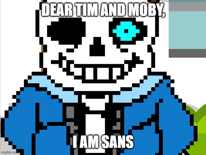 DEAR TIM AND MOBY, I AM SANS | image tagged in sans | made w/ Imgflip meme maker