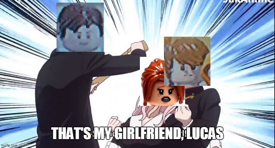 Lucas steals his brother's girlfriend | THAT'S MY GIRLFRIEND, LUCAS | image tagged in chika spoiler,tony stark,lucas,pepper | made w/ Imgflip meme maker