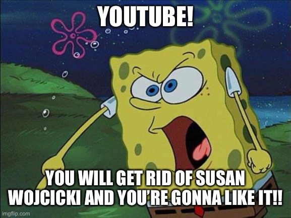 Youtube! You must get rid of Susan Wojcicki and you are gonna like it! | YOUTUBE! YOU WILL GET RID OF SUSAN WOJCICKI AND YOU’RE GONNA LIKE IT!! | image tagged in spongebob,susan wojcicki,youtube,memes | made w/ Imgflip meme maker