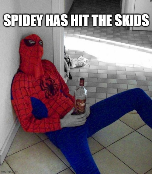 Spiderman Has a 40 | SPIDEY HAS HIT THE SKIDS | image tagged in spiderman | made w/ Imgflip meme maker