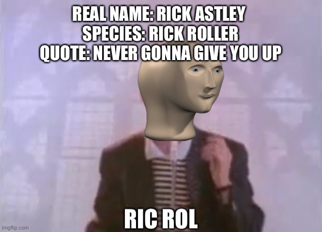 stop it pls | REAL NAME: RICK ASTLEY 
SPECIES: RICK ROLLER
QUOTE: NEVER GONNA GIVE YOU UP | image tagged in ric rol | made w/ Imgflip meme maker