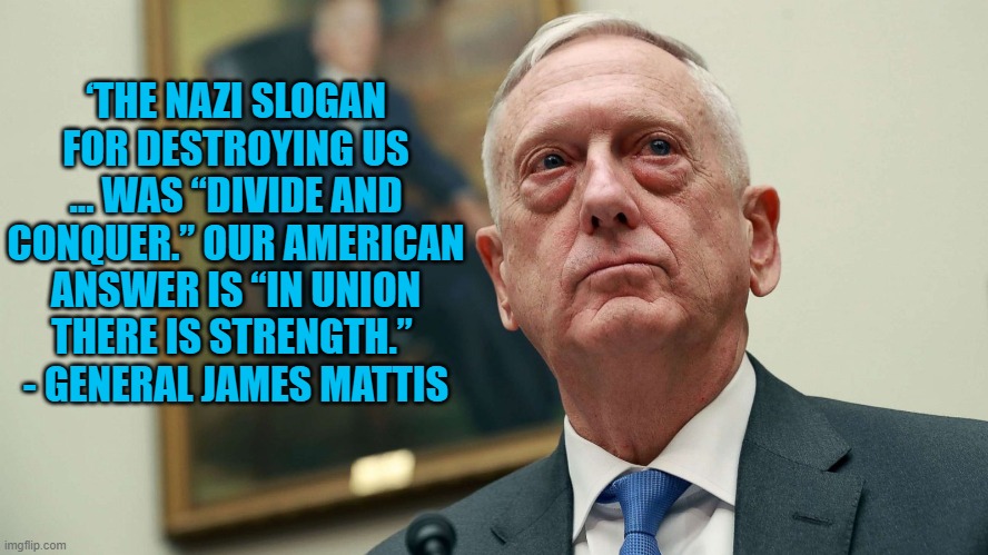 “In Union there is Strength.” | ‘THE NAZI SLOGAN FOR DESTROYING US … WAS “DIVIDE AND CONQUER.” OUR AMERICAN ANSWER IS “IN UNION THERE IS STRENGTH.” 
- GENERAL JAMES MATTIS | image tagged in mattis,general mattis,donald trump | made w/ Imgflip meme maker