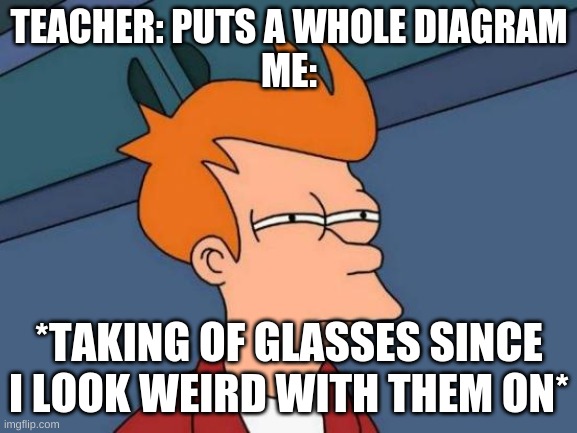 When I don't have glasses | TEACHER: PUTS A WHOLE DIAGRAM
ME:; *TAKING OF GLASSES SINCE I LOOK WEIRD WITH THEM ON* | image tagged in memes,futurama fry | made w/ Imgflip meme maker