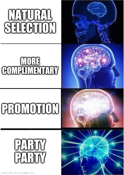 What in StarClan's name did the AI do to this template... | NATURAL SELECTION; MORE COMPLIMENTARY; PROMOTION; PARTY PARTY | image tagged in memes,expanding brain | made w/ Imgflip meme maker