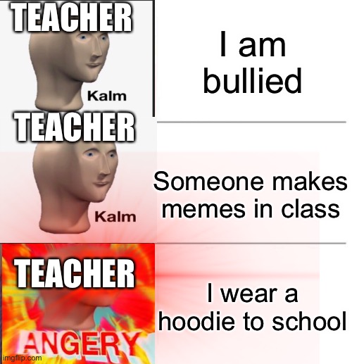 Kalm kalm angery | I am bullied; TEACHER 
 
 
TEACHER
 
 
 
TEACHER; Someone makes memes in class; I wear a hoodie to school | image tagged in kalm kalm angery,school,teacher,hoodie,school sucks,trash | made w/ Imgflip meme maker