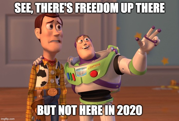 X, X Everywhere | SEE, THERE'S FREEDOM UP THERE; BUT NOT HERE IN 2020 | image tagged in memes,x x everywhere | made w/ Imgflip meme maker