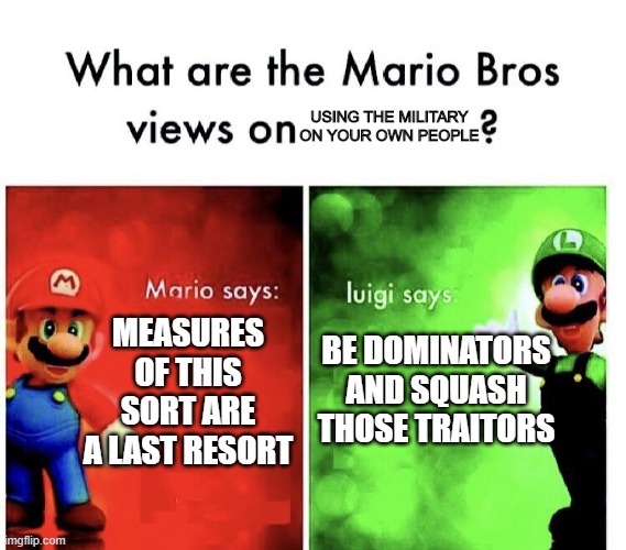 Mario v luigi | USING THE MILITARY ON YOUR OWN PEOPLE; MEASURES OF THIS SORT ARE A LAST RESORT; BE DOMINATORS AND SQUASH THOSE TRAITORS | image tagged in mario v luigi | made w/ Imgflip meme maker