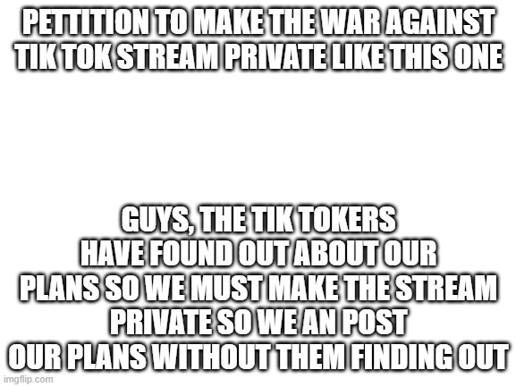 Guys, us owners have to agree on this decision. | PETTITION TO MAKE THE WAR AGAINST TIK TOK STREAM PRIVATE LIKE THIS ONE; GUYS, THE TIK TOKERS HAVE FOUND OUT ABOUT OUR PLANS SO WE MUST MAKE THE STREAM PRIVATE SO WE AN POST OUR PLANS WITHOUT THEM FINDING OUT | image tagged in blank white template | made w/ Imgflip meme maker
