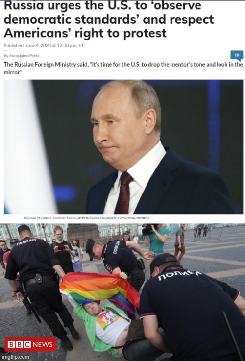 Putinpocrisy | image tagged in vladimir putin,hypocrisy,homophobic,political meme,riots | made w/ Imgflip meme maker