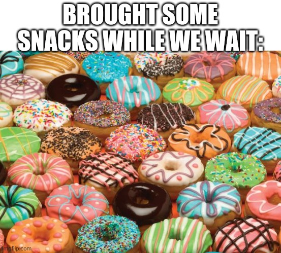 donuts | BROUGHT SOME SNACKS WHILE WE WAIT: | image tagged in donuts | made w/ Imgflip meme maker