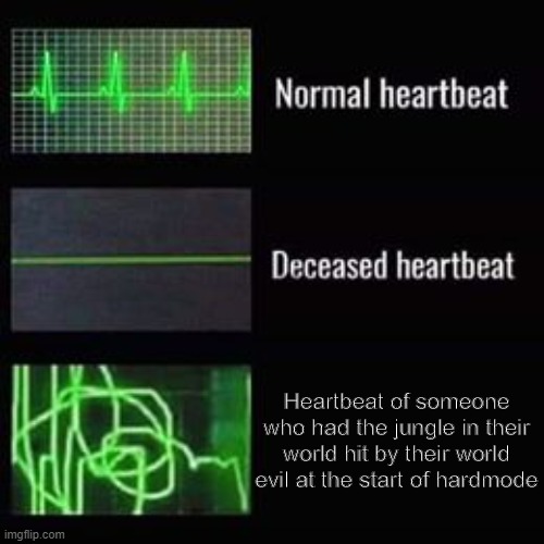 Really Unfortunate Placement There... | Heartbeat of someone who had the jungle in their world hit by their world evil at the start of hardmode | image tagged in heartbeat rate | made w/ Imgflip meme maker