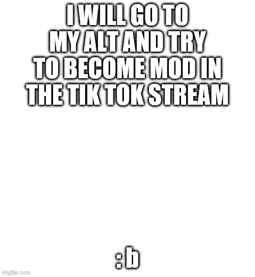 ill try | I WILL GO TO MY ALT AND TRY TO BECOME MOD IN THE TIK TOK STREAM; : b | image tagged in just white | made w/ Imgflip meme maker