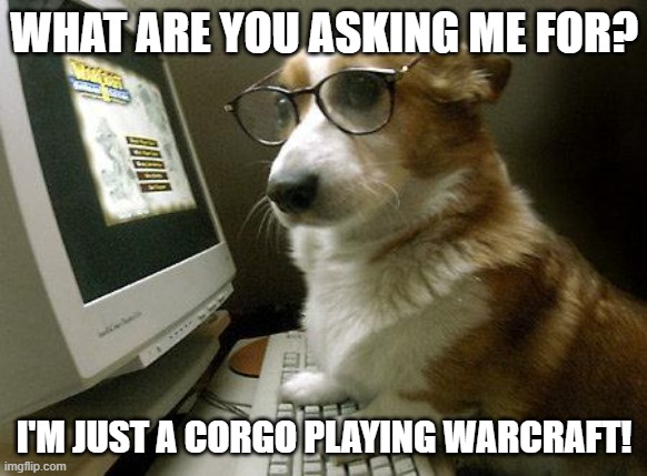 Smart Dog | WHAT ARE YOU ASKING ME FOR? I'M JUST A CORGO PLAYING WARCRAFT! | image tagged in smart dog | made w/ Imgflip meme maker