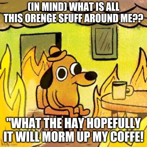 Dog in burning house | (IN MIND) WHAT IS ALL THIS ORENGE SFUFF AROUND ME?? "WHAT THE HAY HOPEFULLY IT WILL MORM UP MY COFFE! | image tagged in dog in burning house | made w/ Imgflip meme maker